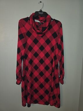 R&K Red and Black Plaid Cowl Neck Long Sleeve Dress